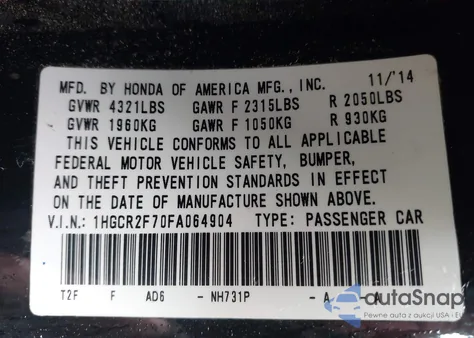 2015 Honda Accord Ex из США, поврежденный, VIN 1HGCR2F70FA064904